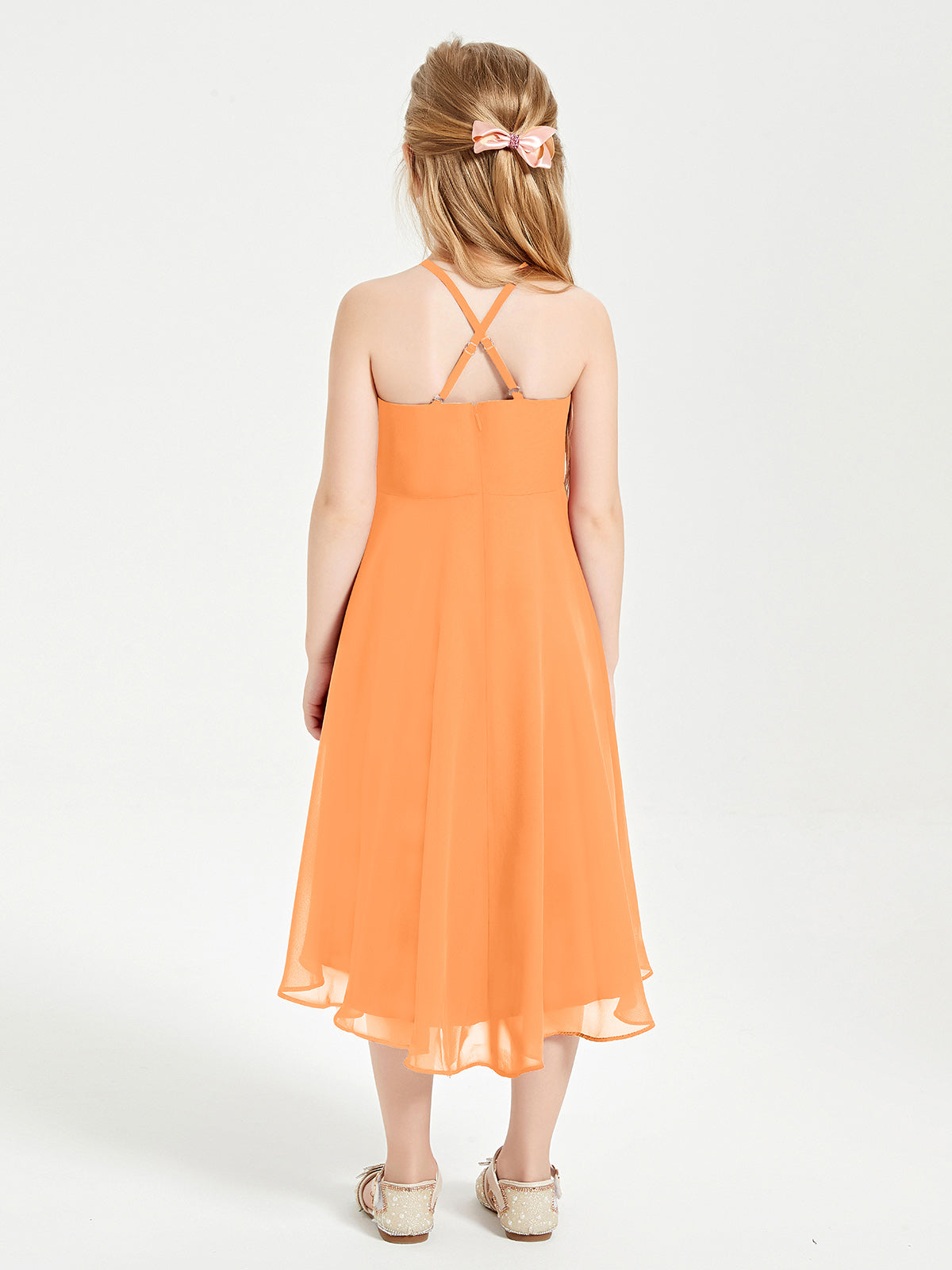 Tea Length Junior Bridesmaid Dresses with Asymmetrical Skirts Orange